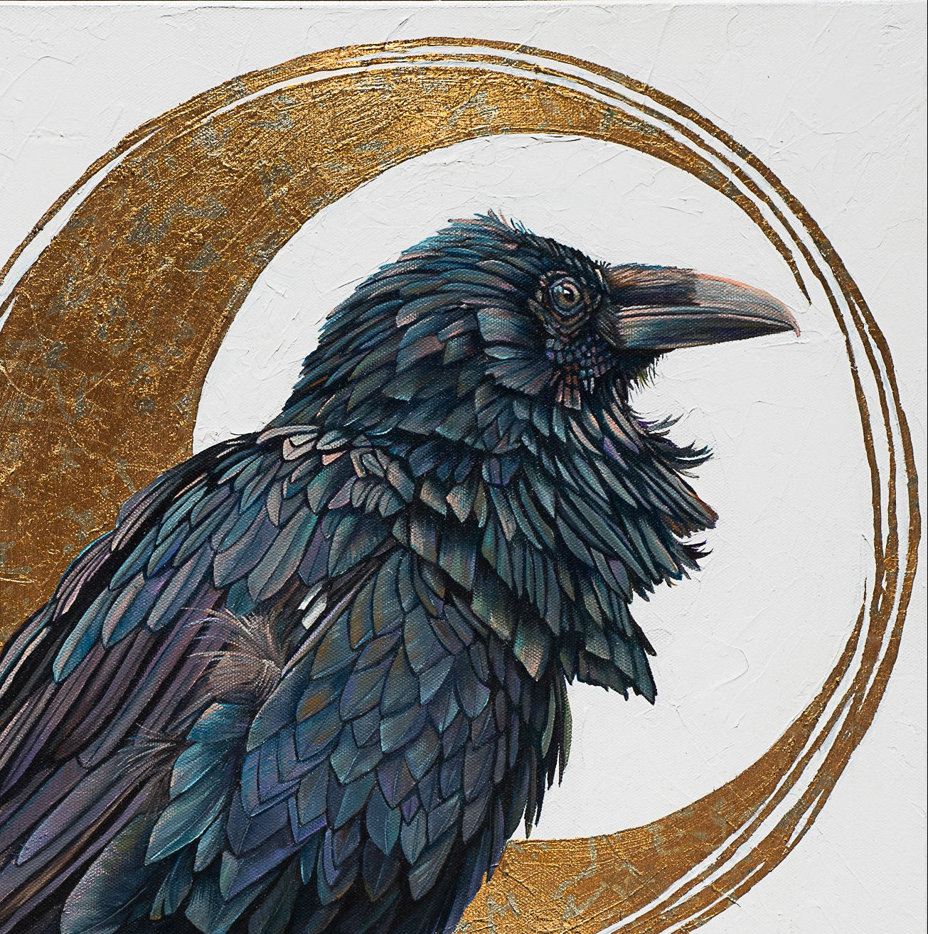 Illustration of a raven perched on a branch with a gold circular design in the background